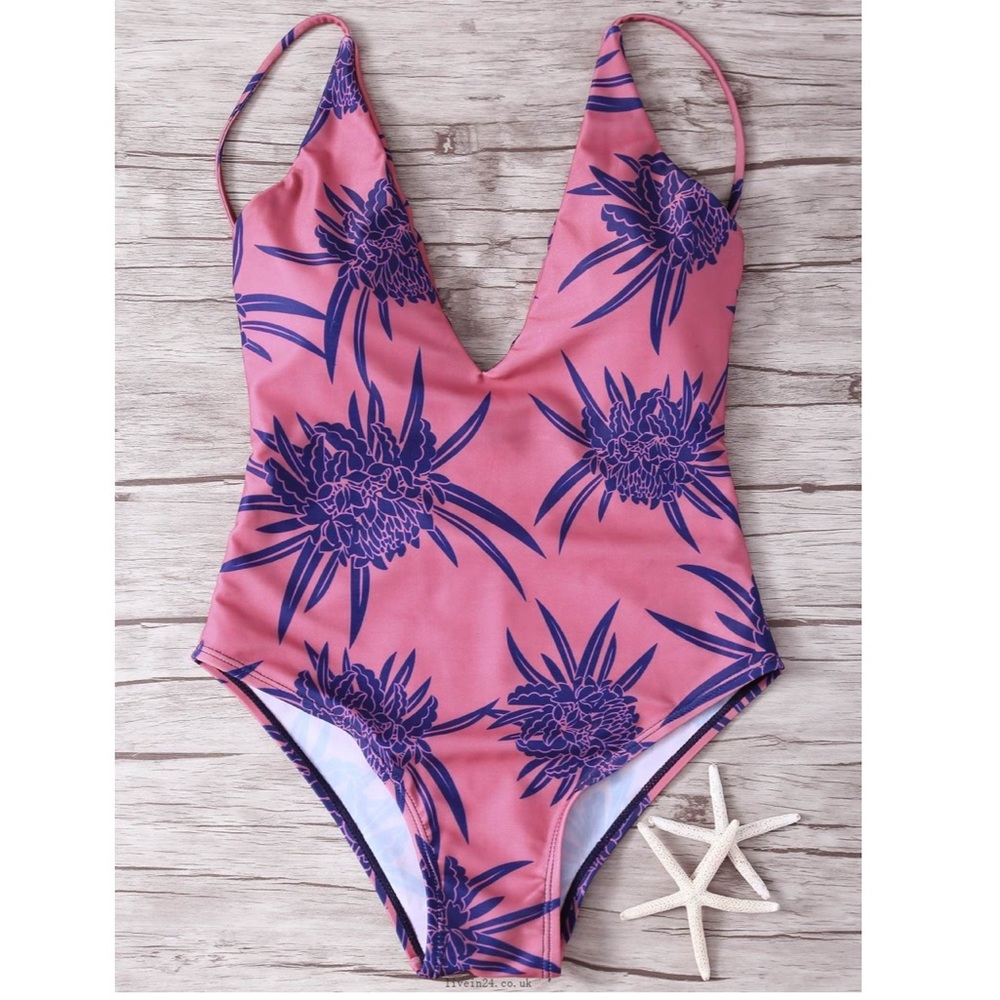 Tropical pink low cut one piece bathing suit